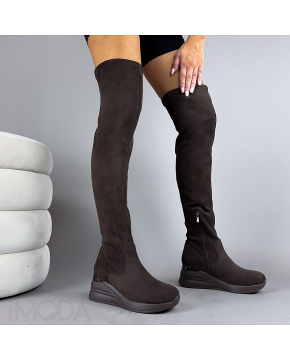 Tmavohnedé semišové vysoké čižmy-323127-20