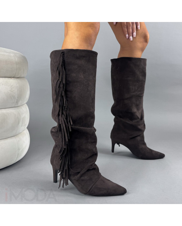 Tmavohnedé semišové vysoké čižmy so strapcami-323340-20