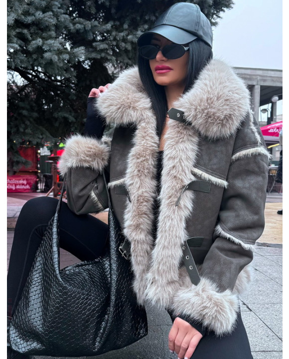 Sivá jelenicová bunda s pravou kožušinou-313981-20