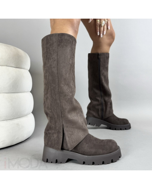 Tmavohnedé semišové vysoké čižmy-322421-20