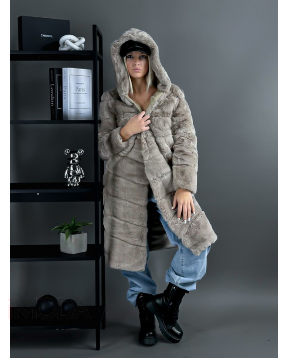 Hnedý dlhý kožušinový kabát-311312-20