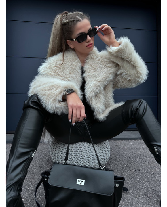 Béžový krátky kožušinový kabát-311401-20