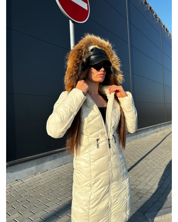Béžová dlhá vetrovka s pravou kožušinou-313097-20