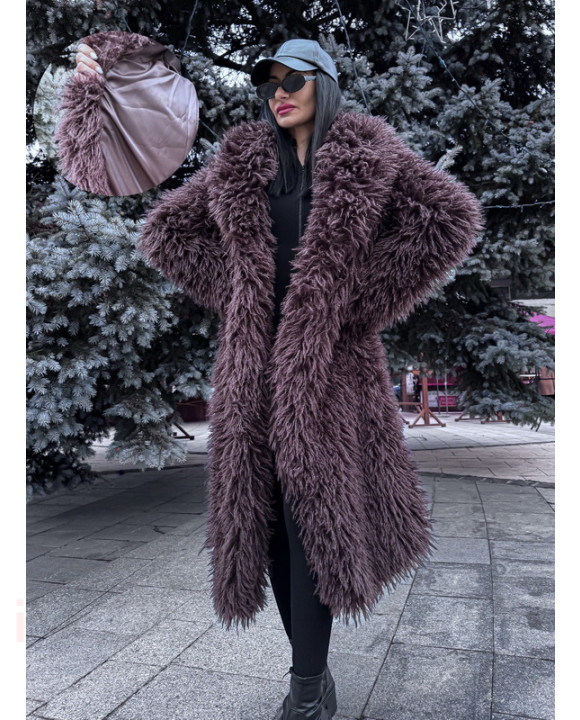 Hnedý dlhý kožušinový kabát CHOCO-313941-20