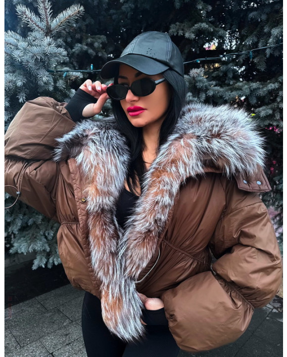 Hnedá páperová bunda s pravou kožušinou-314075-20