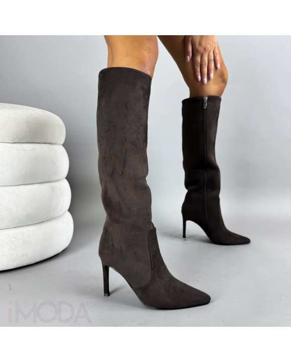 Tmavohnedé semišové vysoké čižmy-322712-20