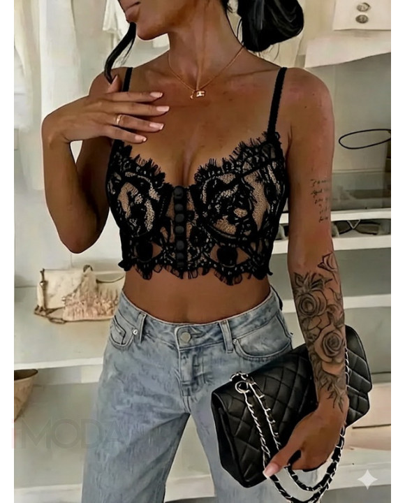  Čierny CROP čipkovaný top-327602-20