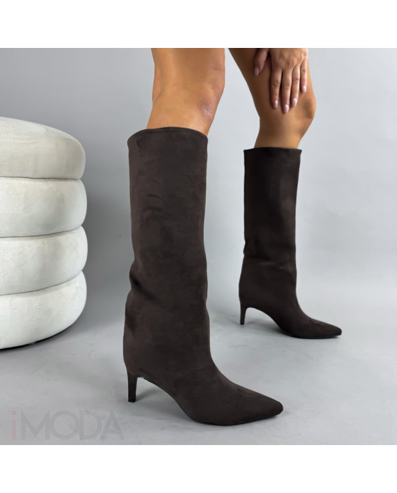 Tmavohnedé semišové vysoké čižmy-322779-20