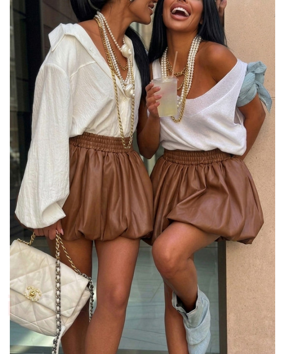 Hnedá PUFFY koženková sukňa-329680-20