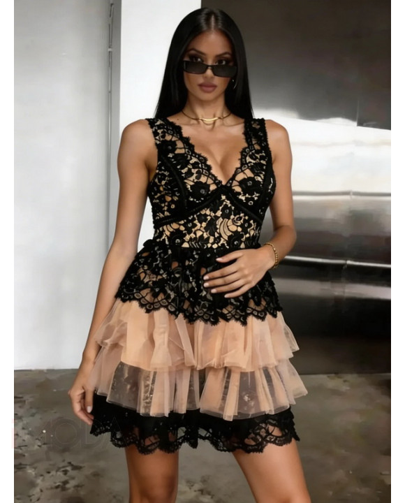 Čierno-béžové čipkované šaty s tylovou sukňou-327129-20