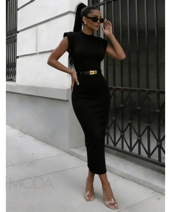 Čierne vrúbkované úpletové šaty s opaskom-326588-20