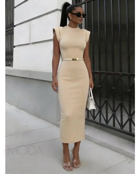 Béžové vrúbkované úpletové šaty s opaskom-326587-20