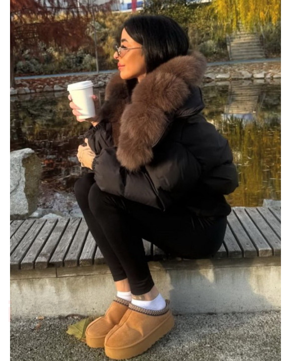 Páperová čierna bunda s pravou kožušinou-313442-20