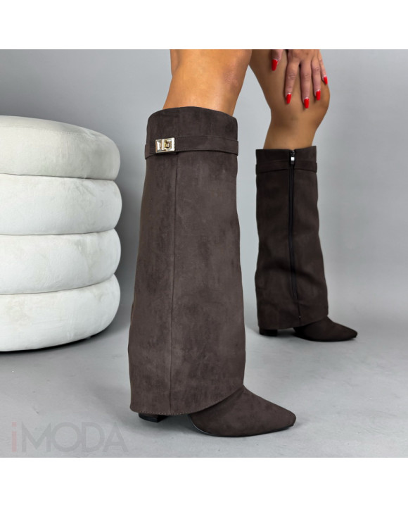 Tmavohnedé semišové vysoké čižmy-322306-20