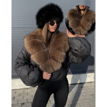 Páperová čierna bunda s pravou kožušinou-313442-012