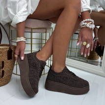 Tmavohnedé čipkované tenisky-327463-01