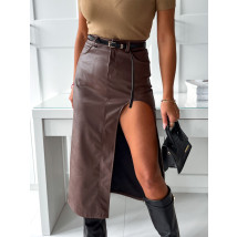 Hnedá koženková sukňa s opaskom-291311-04