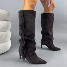 Tmavohnedé semišové vysoké čižmy so strapcami-323340-06