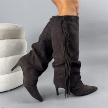 Tmavohnedé semišové vysoké čižmy so strapcami-323340-06