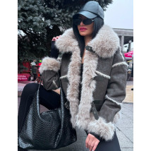 Sivá jelenicová bunda s pravou kožušinou-313981-013