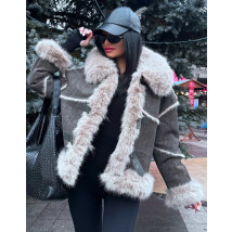 Sivá jelenicová bunda s pravou kožušinou-313981-013