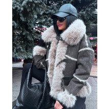 Sivá jelenicová bunda s pravou kožušinou-313981-013
