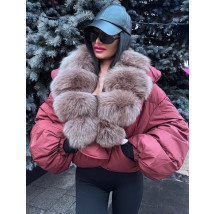 Páperová bordová bunda s pravou kožušinou-314001-02