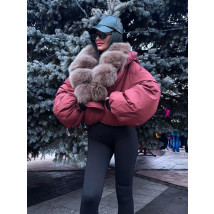 Páperová bordová bunda s pravou kožušinou-314001-02