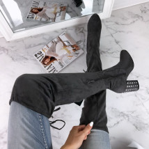 Sivé vysoké čižmy s ozdobným hrubým opätkom