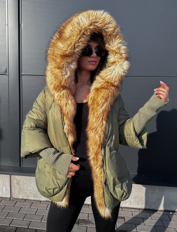 Zelená luxusná bunda s kožušinou