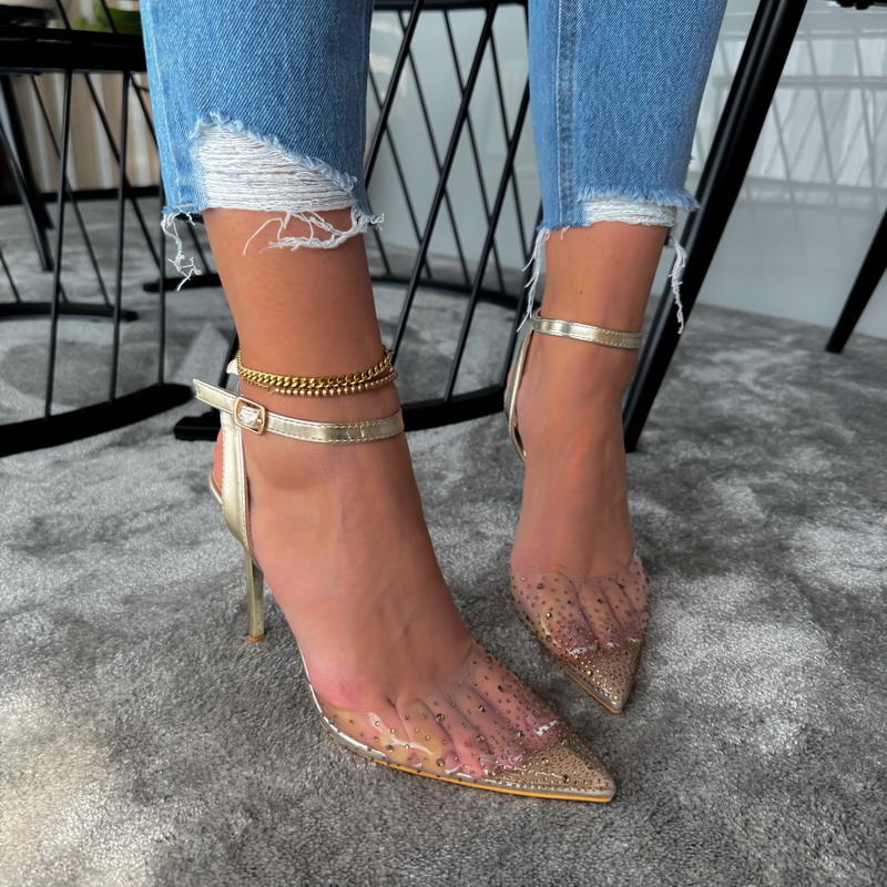 Zlaté transparentné sandále s kamienkami