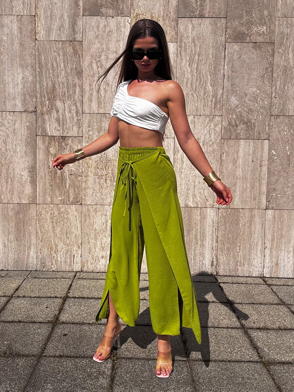 Zelené široké nohavice Dubaj s rozparkom