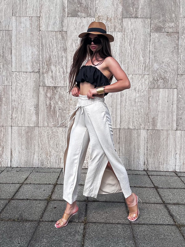 Béžové široké nohavice Dubaj s rozparkom