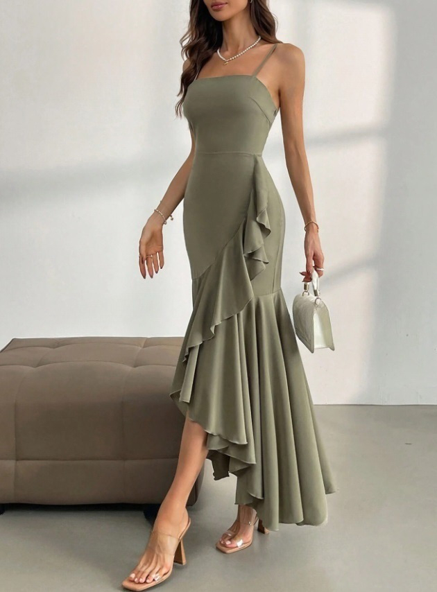 Olivové dlhé šaty