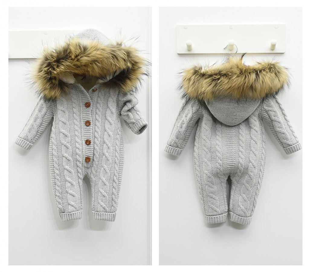 Detský  šedý overal s pravou kožušinou