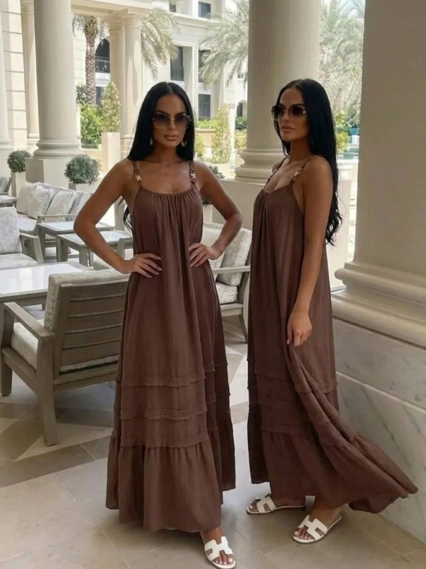 Dámske hnedé boho maxi šaty na ramienka