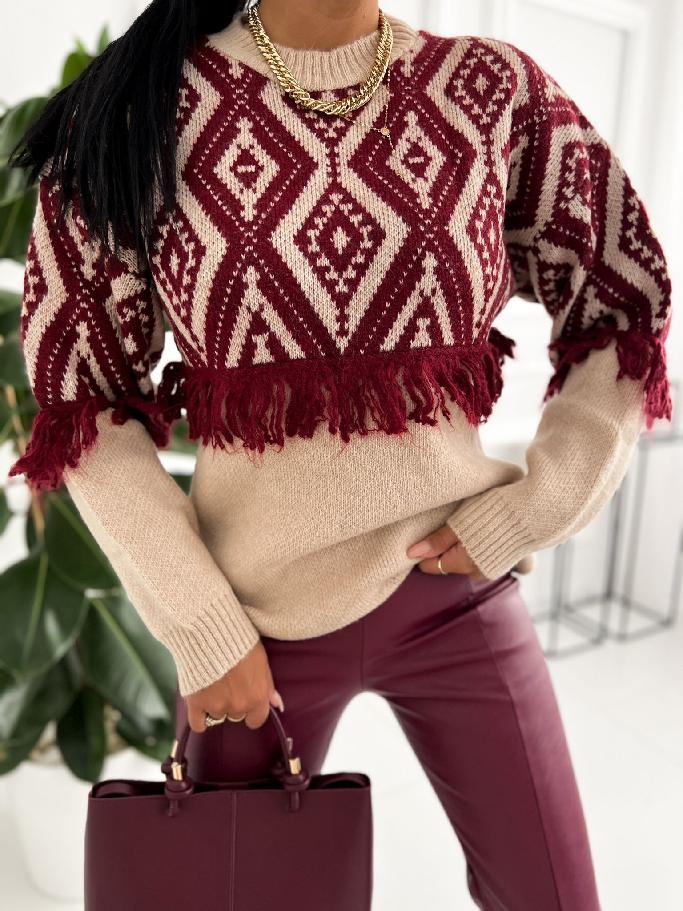 Bordovo-béžový pletený sveter