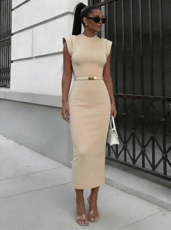 Béžové vrúbkované úpletové šaty s opaskom